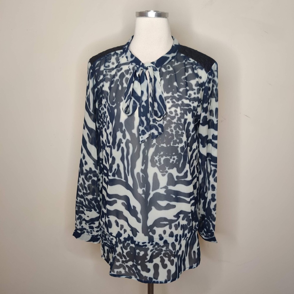 Albert Makali Top Animal Print Chiffon Tunic Sheer Tie Neckline